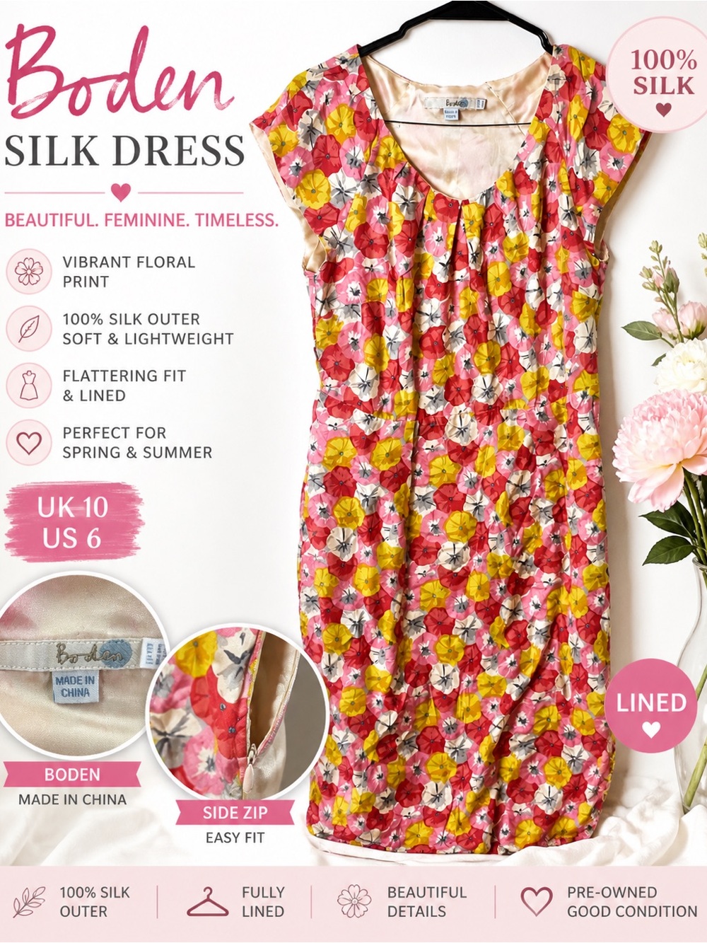 Boden Pink, Yellow & Cream Floral Silk Dress